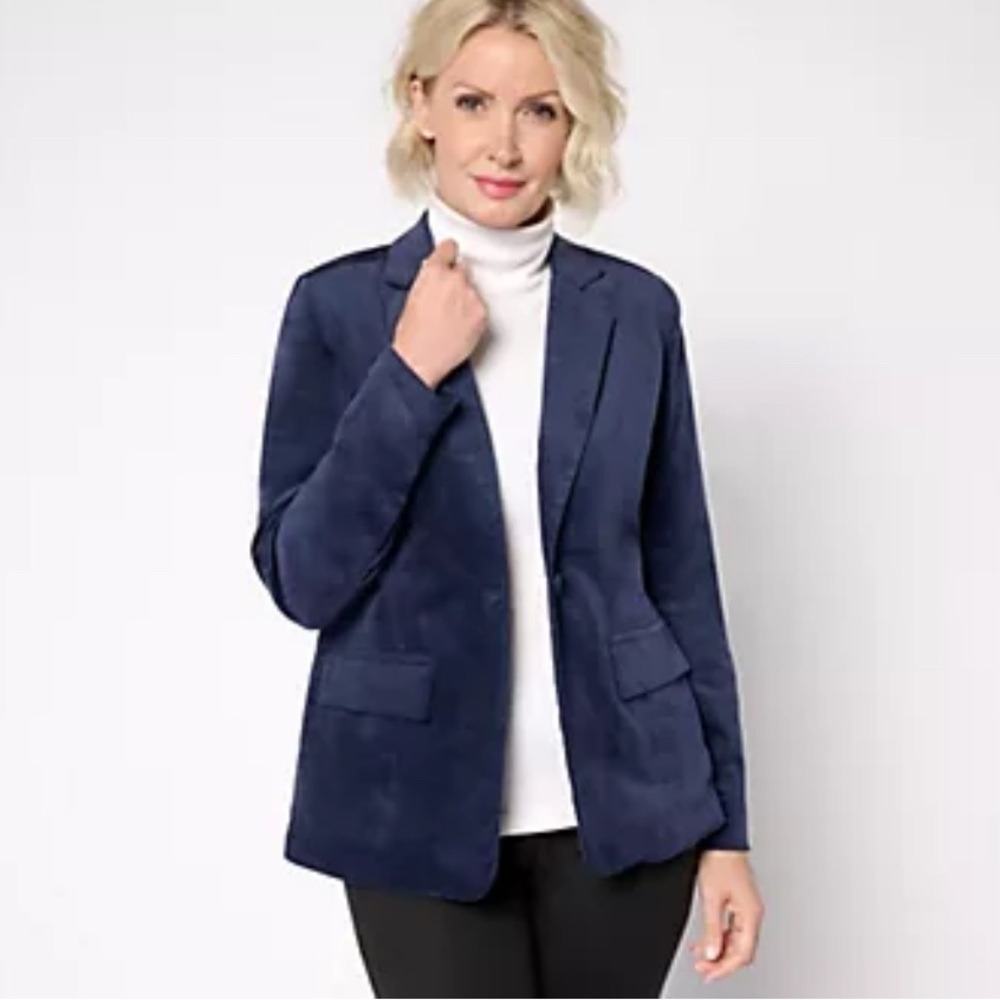 Denim & Co. Regular Stretch Velvet One Button Blazer Navy 2X Retail: $98